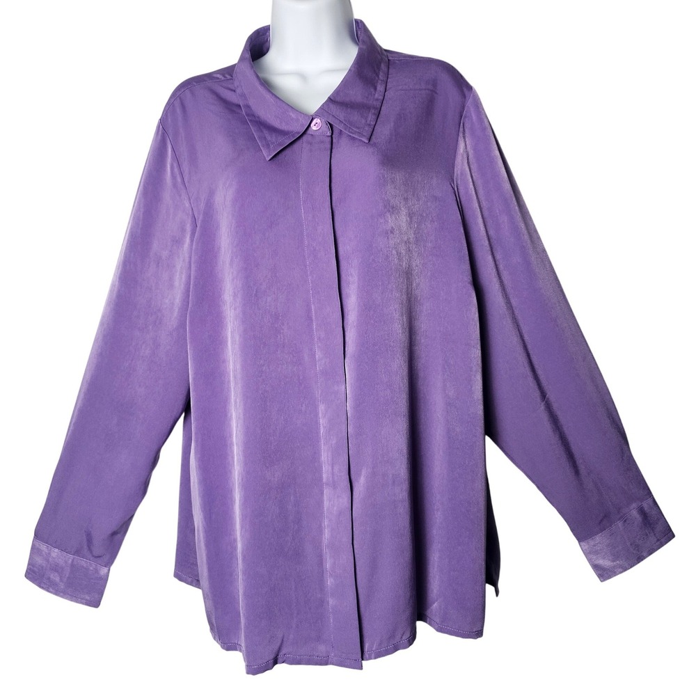 Linea Louis Dell'Olio Purple Flowy Satin Button Down Blouse Quiet Luxury XL
